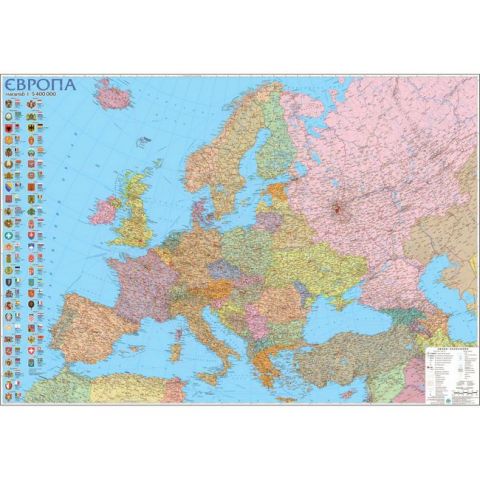Європа. Політична карта. 110x77 см. М1:5 400 000. Картон, планки - фото 1
