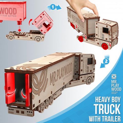 Вантажівка з причепом. Механічна деревяна 3D-модель - фото 3