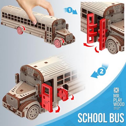 Шкільний автобус. Механічна деревяна 3D-модель - фото 3