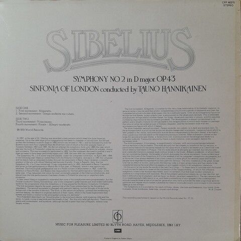 Sibelius - Sinfonia Of London - Tauno Hannikainen – Symphony No.2 In D Major, Op. 43 (Vinyl) - фото 2