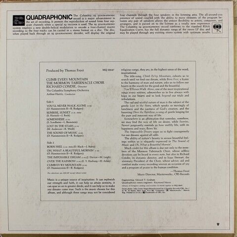 The Mormon Tabernacle Choir & The Columbia Symphony Orchestra – Climb Every Mountain (Vinyl, LP, Album, Quadraphonic) - фото 2