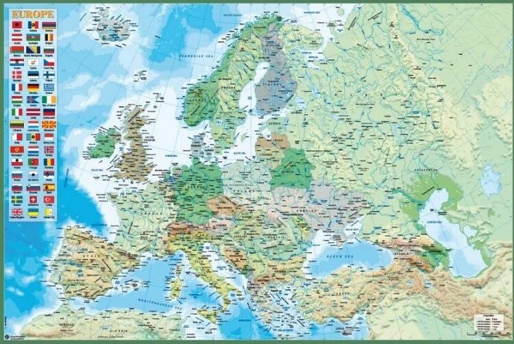 Political and physical map of Europe (Постер)