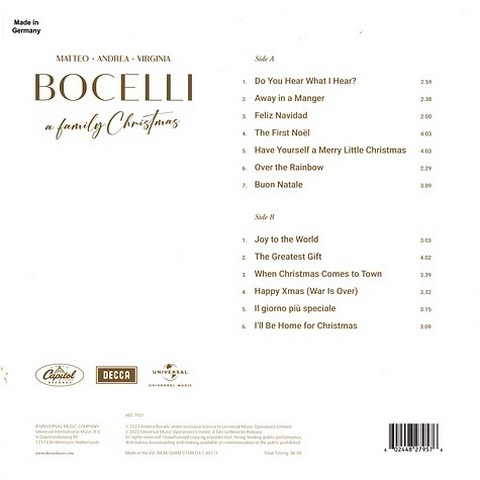 Andrea, Matteo, Virginia Bocelli – A Family Christmas (LP, Album, Limited Edition, Gold Vinyl) - фото 2