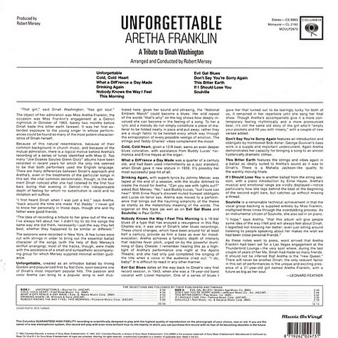 Aretha Franklin – Unforgettable (A Tribute To Dinah Washington) (LP, Album, Reissue, Stereo, Vinyl) - фото 2