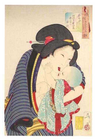 Cute A Housewife of the Second Decade of the Meiji Period (1878-1887) Holding a Baby, 1888 - фото 1