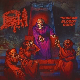 Death – Scream Bloody Gore (LP, Album, Special Edition, Bone White And Red With Red, Neon Violet And Cyan Blue Splatter Vinyl)