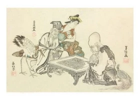 A Woman Watches a Game of Go Yurojin (with a Crane) and Fukurokuze (with a Turtle), 1795